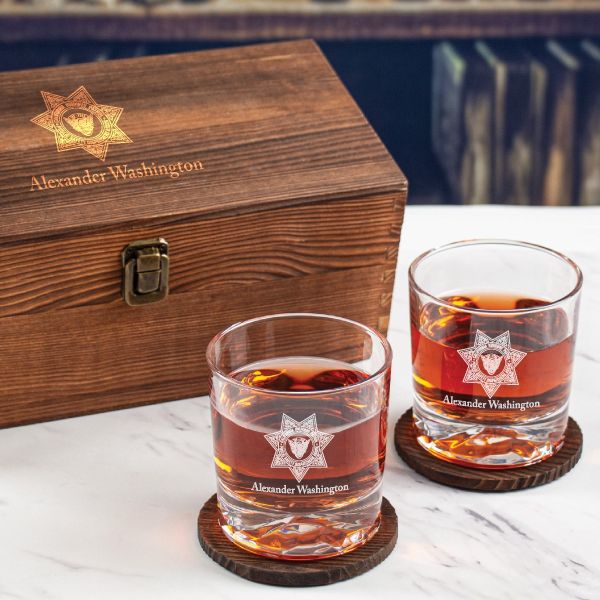 Custom Engraved - Police Badges - Personalized Whiskey Glasses In Wood Gift Box - CHP-PSDA Badge