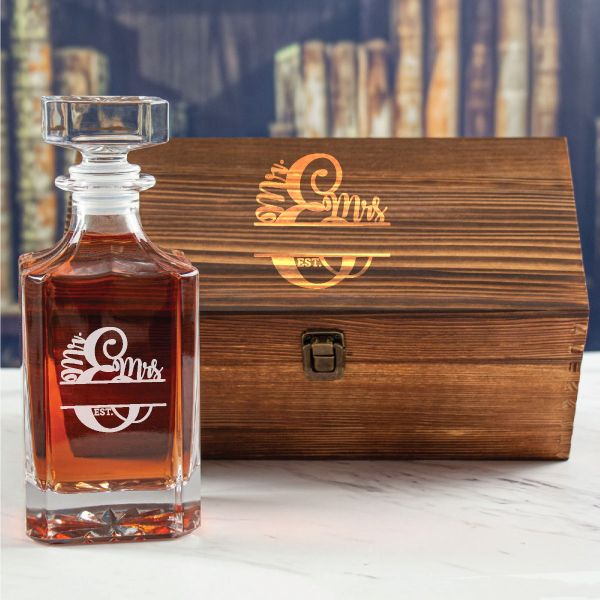Custom Engraved EST Ampersand - Personalized Whiskey Decanter In Wood Gift Box