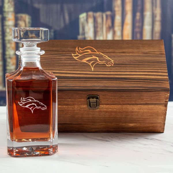Custom Engraved Denver Broncos - Personalized Whiskey Decanter In Wood Gift Box