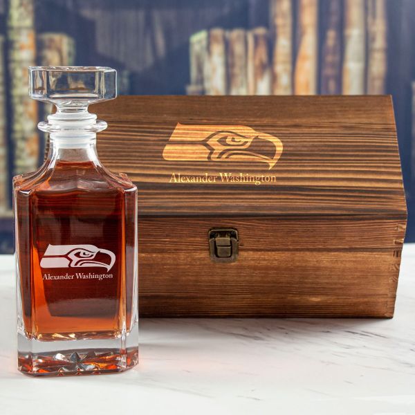 Custom Engraved Seattle Seahawks - Personalized Whiskey Decanter In Wood Gift Box