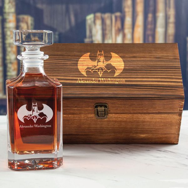 Custom Engraved Batman and Silhouette - Personalized Whiskey Decanter In Wood Gift Box