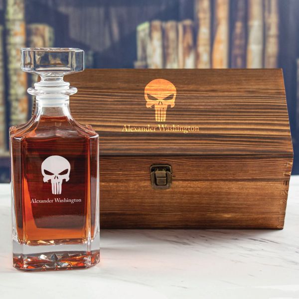 Custom Engraved Punisher Emblem - Personalized Whiskey Decanter In Wood Gift Box