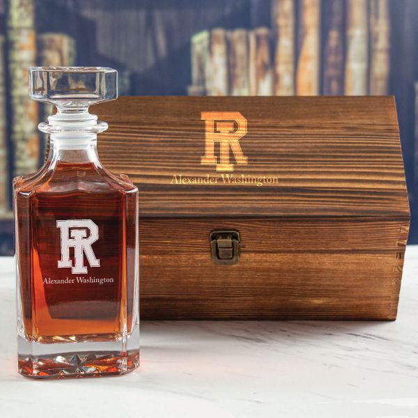 Custom Engraved Rhode Island Rams Football - Personalized Whiskey Decanter In Wood Gift Box