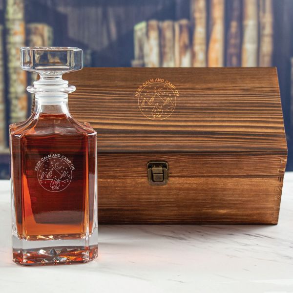 Custom Engraved Keep Calm And Camp On - Personalized Whiskey Decanter In Wood Gift Box