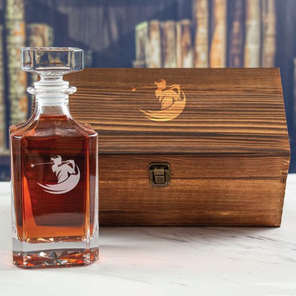 Custom Engraved Golfer Swing - Personalized Whiskey Decanter In Wood Gift Box