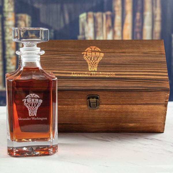 Custom Engraved 76ers Basketball Net - Basketball Fanatic Gift Ideas - Personalized Whiskey Decanter In Wood Gift Box