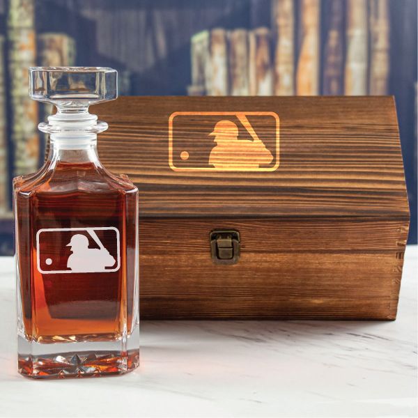 Custom Engraved Major League Baseball Logo - Personalized Whiskey Decanter In Wood Gift Box