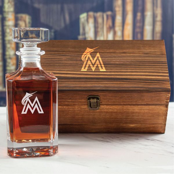 Custom Engraved Miami Marlins Logo - Personalized Whiskey Decanter In Wood Gift Box
