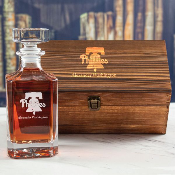Custom Engraved Philadelphia Phillies Logo - Personalized Whiskey Decanter In Wood Gift Box