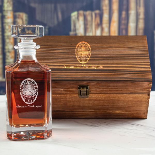 Custom Engraved - Police Badges - Personalized Whiskey Decanter In Wood Gift Box - LA Detective Police Badge