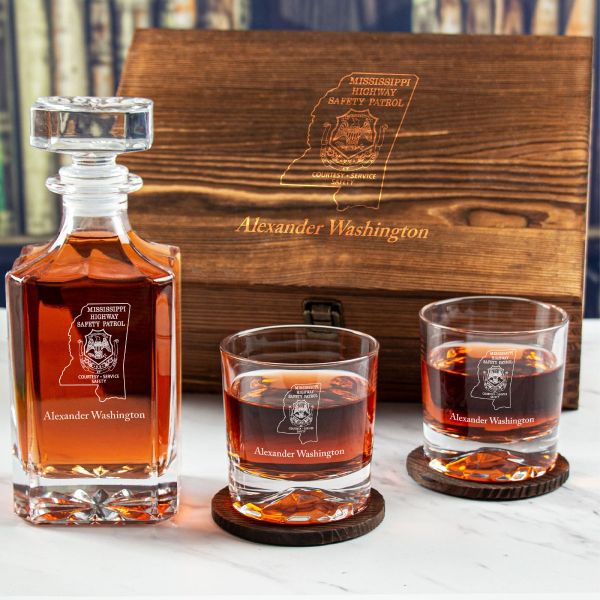 Custom Engraved Police Badges - Personalized Whiskey Decanter Set In Wood Gift Box - Mississippi Highway Safety Patrol Patch