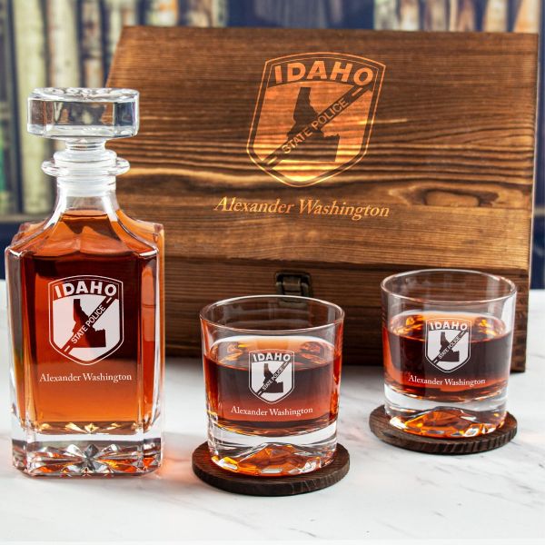 Custom Engraved Police Badges - Personalized Whiskey Decanter Set In Wood Gift Box - Idaho State Police Patch
