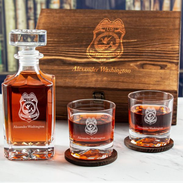 Custom Engraved Police Badges - Personalized Whiskey Decanter Set In Wood Gift Box - Dept of Interior US Fish and Wildlife Service