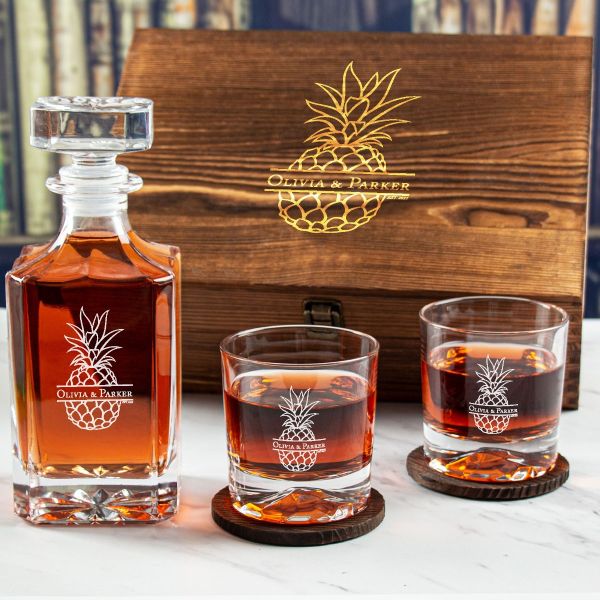 Custom Engraved Pineapple - Personalized Whiskey Decanter Set In Wood Gift Box