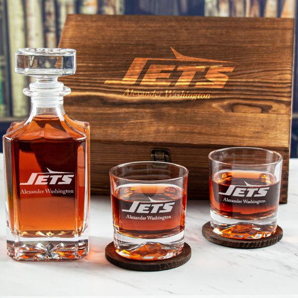 Custom Engraved New York Jets - Personalized Whiskey Decanter Set In Wood Gift Box