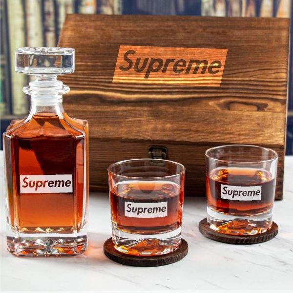 Custom Engraved Supreme - Personalized Whiskey Decanter Set In Wood Gift Box