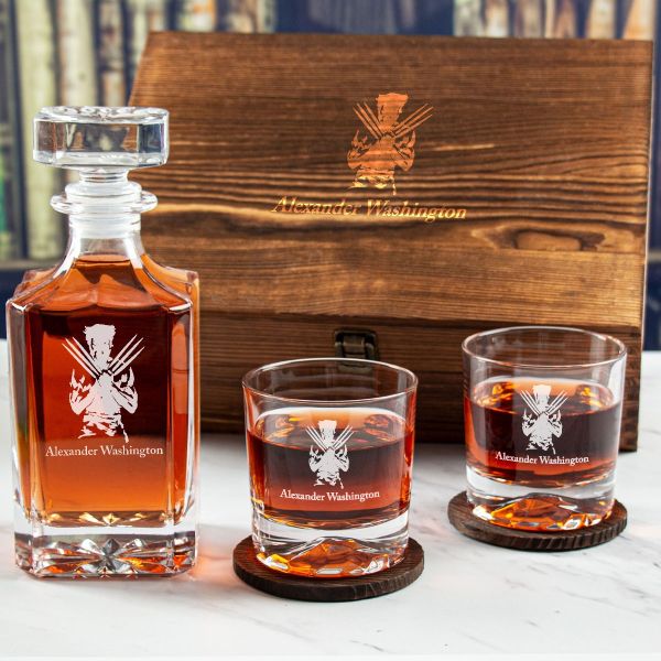 Custom Engraved Logan - Personalized Whiskey Decanter Set In Wood Gift Box
