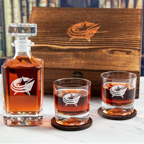 Custom Engraved Columbus Blue Jackets - Personalized Whiskey Decanter Set In Wood Gift Box