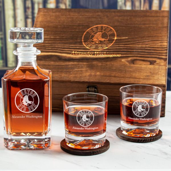 Custom Engraved Boston Red Sox - Personalized Whiskey Decanter Set In Wood Gift Box