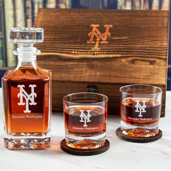 Custom Engraved NY Mets - Personalized Whiskey Decanter Set In Wood Gift Box