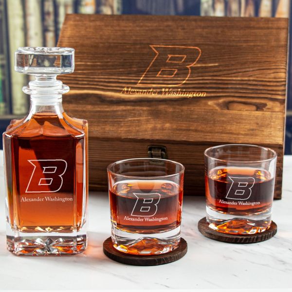 Custom Engraved Boise State Broncos Football - Personalized Whiskey Decanter Set In Wood Gift Box