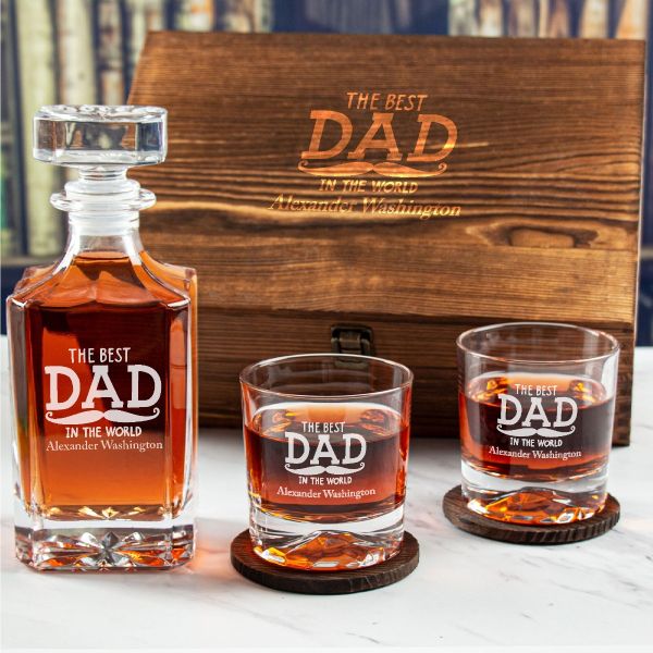 Custom Engraved The Best Dad in the World - Personalized Whiskey Decanter Set In Wood Gift Box