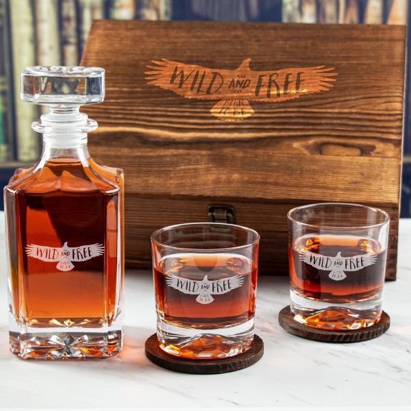Custom Engraved Wild And Free - Personalized Whiskey Decanter Set In Wood Gift Box
