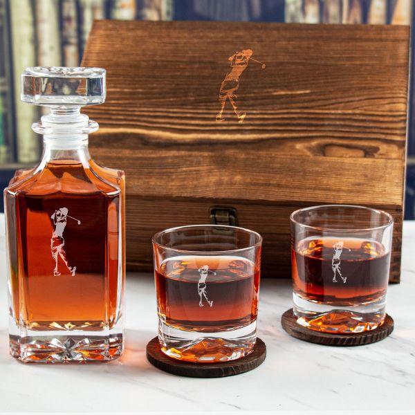 Custom Engraved Golf Swing - Personalized Whiskey Decanter Set In Wood Gift Box