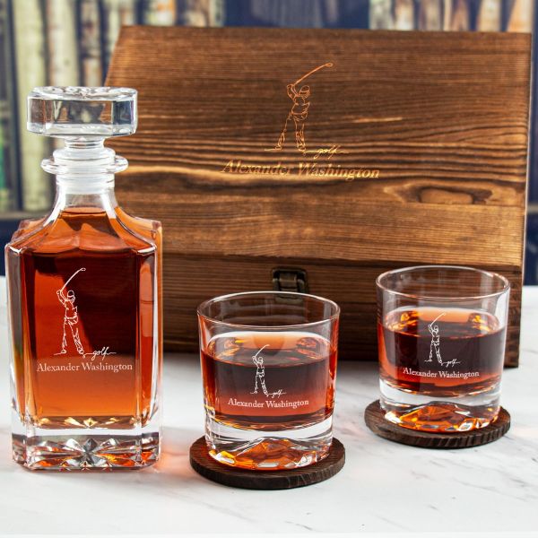 Custom Engraved Golf Swing Line Drawing - Personalized Whiskey Decanter Set In Wood Gift Box