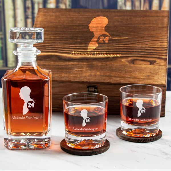 Custom Engraved Kobe Silhouette 24 - Personalized Whiskey Decanter Set In Wood Gift Box
