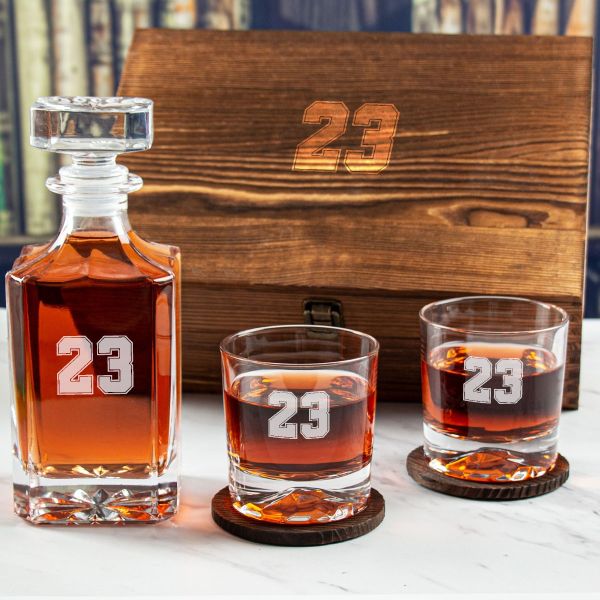 Custom Engraved Number 23 - Personalized Whiskey Decanter Set In Wood Gift Box