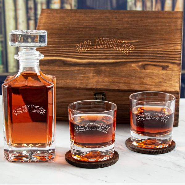Custom Engraved Milwaukee - Personalized Whiskey Decanter Set In Wood Gift Box