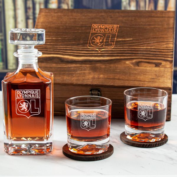 Custom Engraved Olympique Lyonnais - Personalized Whiskey Decanter Set In Wood Gift Box
