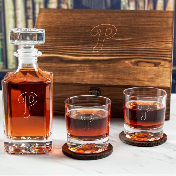 Custom Engraved Philadelphia Phillies Insignia - Personalized Whiskey Decanter Set In Wood Gift Box