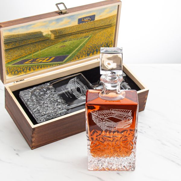 Louisiana State University Stadium – Engrave Sports Team Decanter in Rustic Wood Box