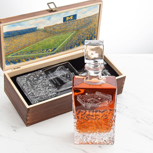 Michigan Stadium – Engrave Sports Team Decanter in Rustic Wood Box