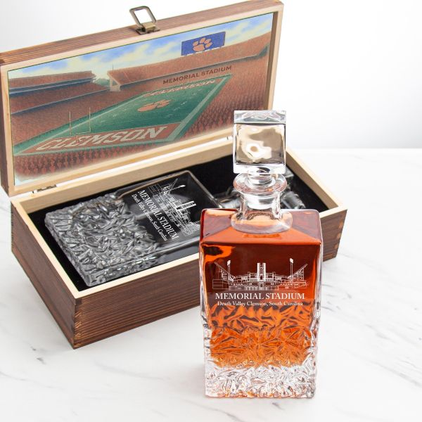Clemson University Stadium – Engrave Sports Team Decanter in Rustic Wood Box