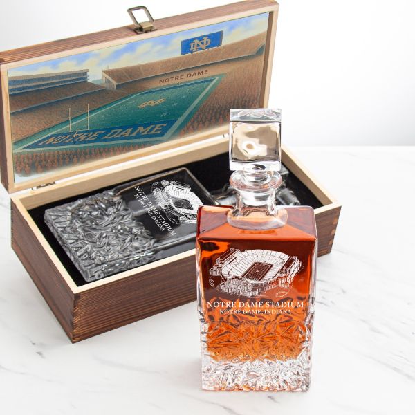 University of Notre Dame Stadium – Engrave Sports Team Decanter in Rustic Wood Box
