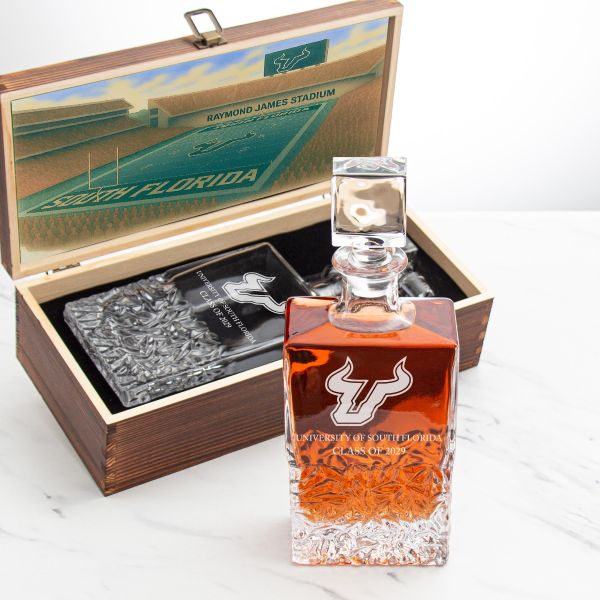 University of South Florida – Engrave Sports Team Decanter in Rustic Wood Box
