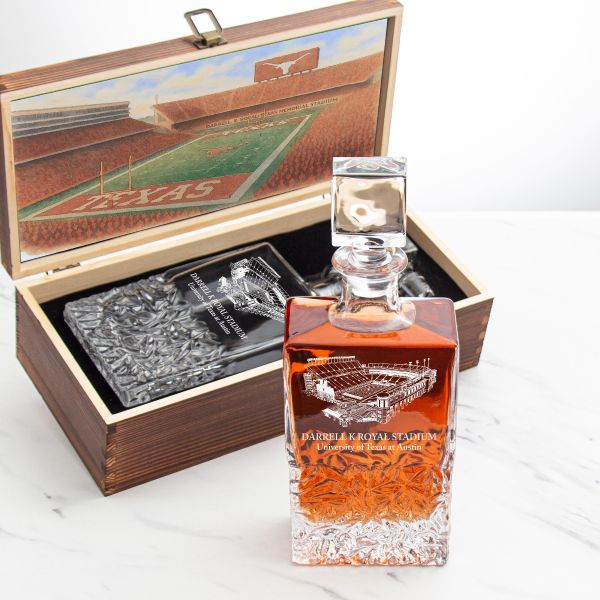 University of Texas Stadium – Engrave Sports Team Decanter in Rustic Wood Box