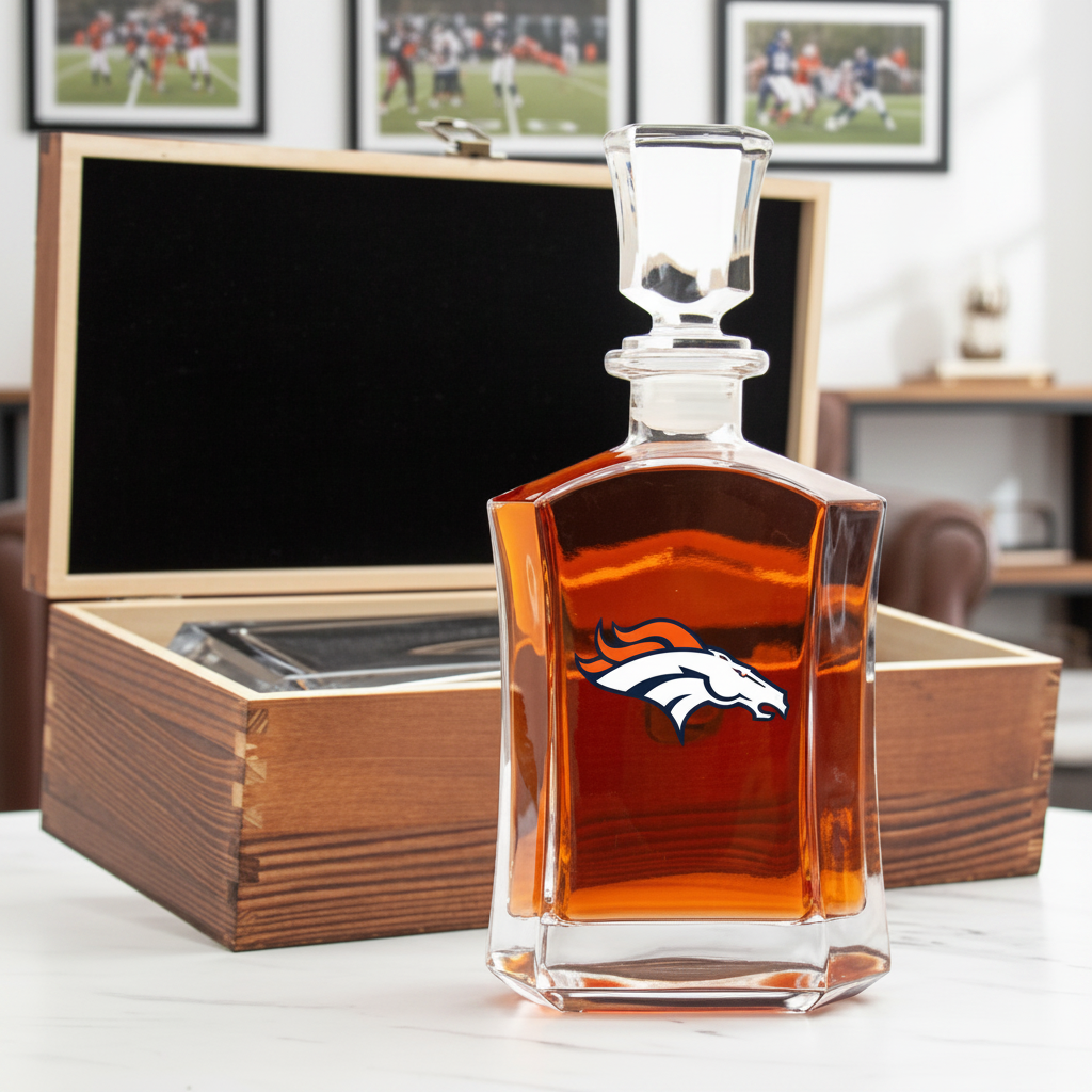 Denver Broncos – Full Color Team Logo Capital Decanter in Rustic Wood Box