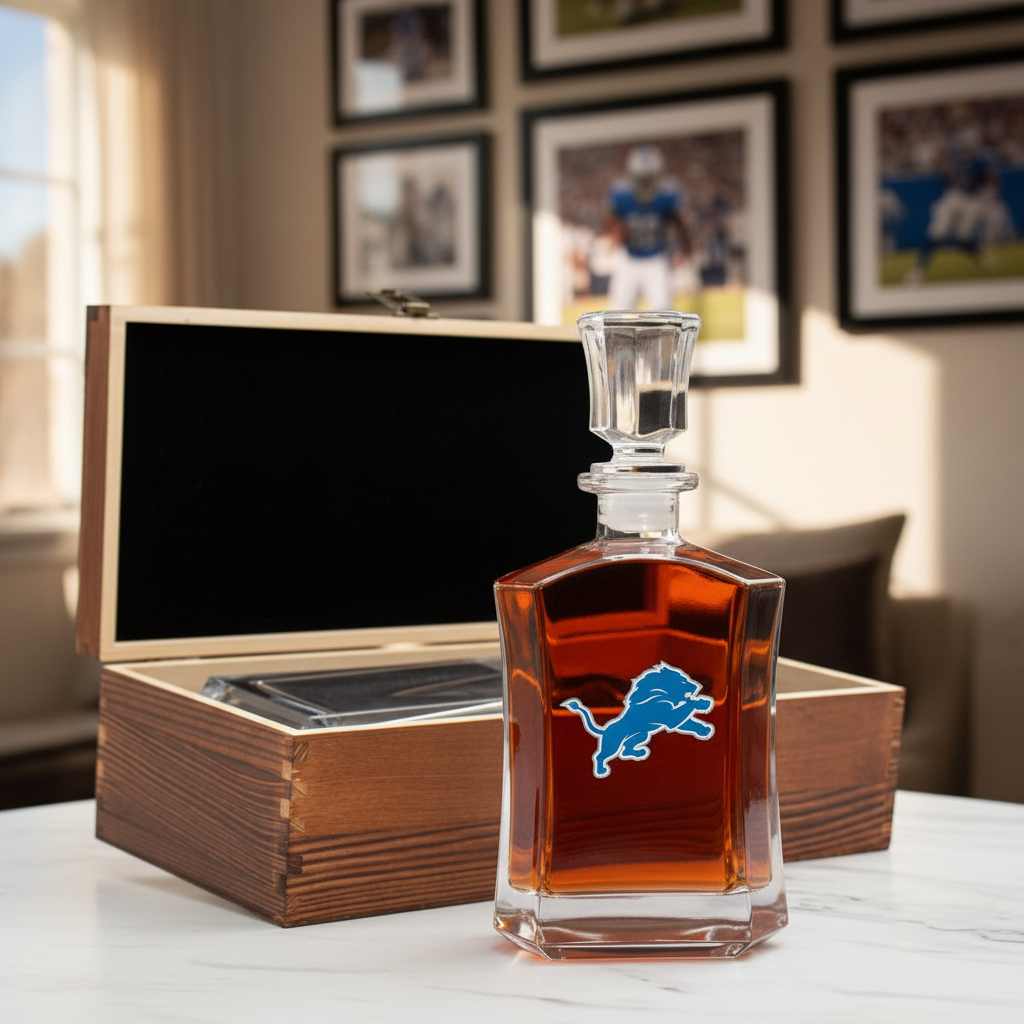 Detroit Lions – Full Color Team Logo Capital Decanter in Rustic Wood Box