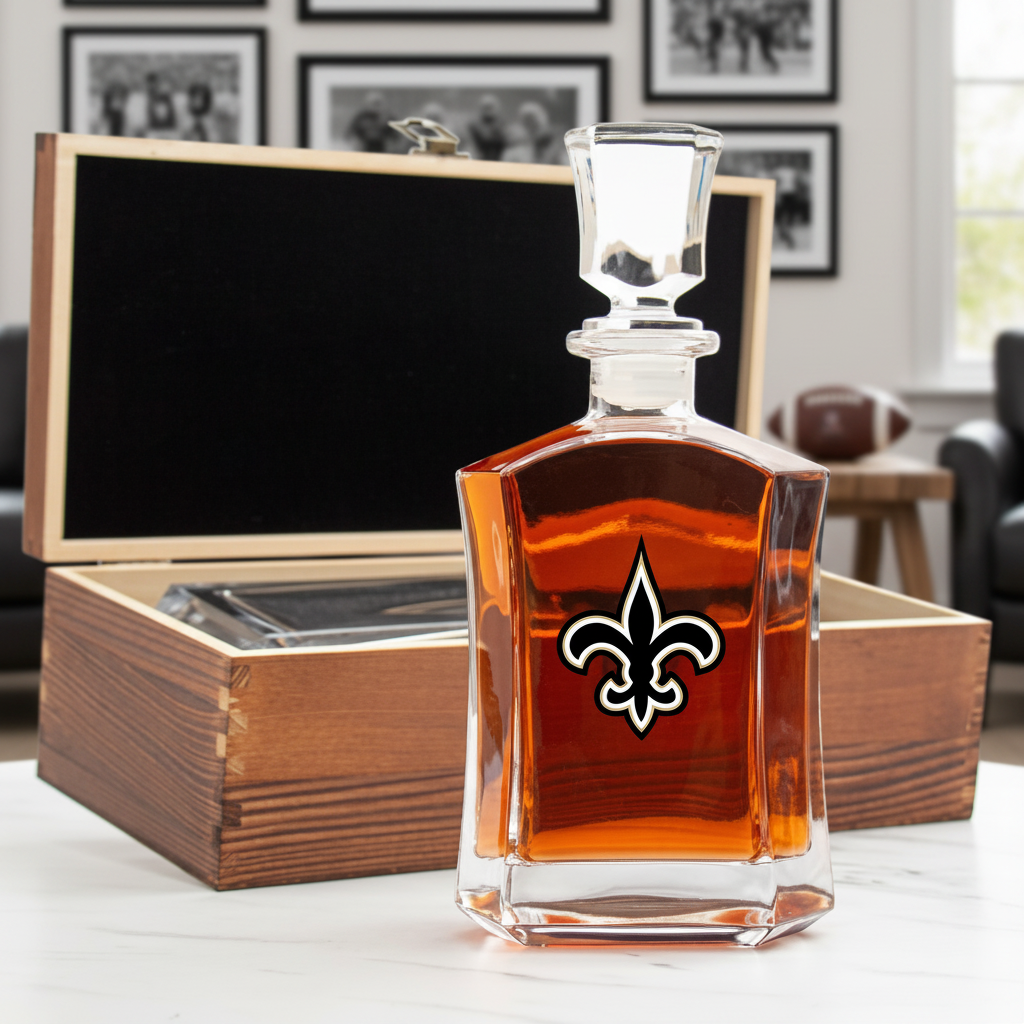 New Orleans Saints – Full Color Team Logo Capital Decanter in Rustic Wood Box