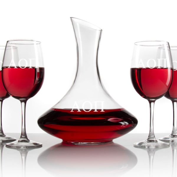 Custom Engraved Alpha Omicron Pi - Slanted Top Wine Decanter With Stem Wine Glasses