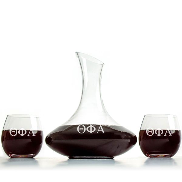 Custom Engraved Theta Phi Alpha - Slanted Top Wine Decanter With Wine Glasses