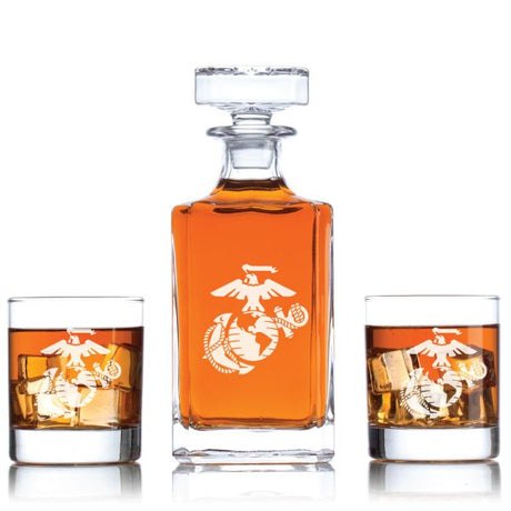 Personalized whiskey decanter set displayed on a home bar