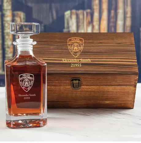 Personalized engraved decanter set with a wooden presentation box