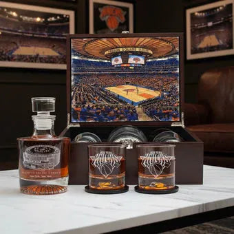 Personalized New York Knicks whiskey decanter set with engraved glasses and presentation box