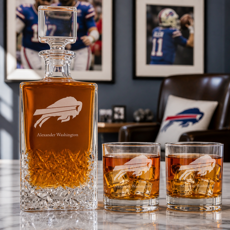 Personalized Buffalo Bills decanter set with matching whiskey glasses