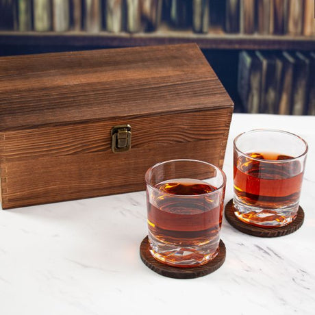 Custom Engraved Mets Round Logo - Personalized Whiskey Glasses In Wood Gift Box